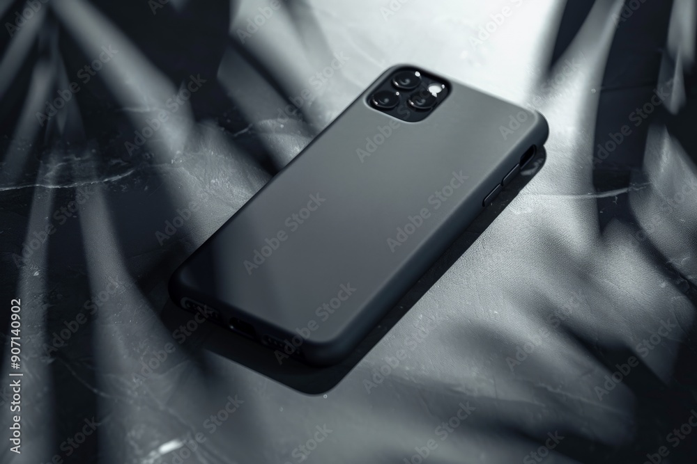 Poster a close-up image of a black smartphone with a case, laying on a surface with shadows and light play,