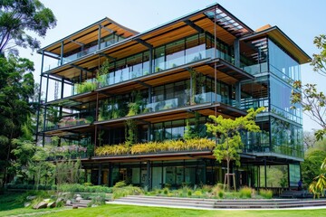 A multi-story building that blends glass and wood materials, surrounded by lush greenery and designed to promote an eco-friendly and tranquil work environment.
