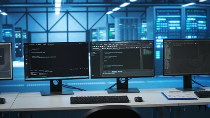 Computers in empty high tech data center establishment monitoring hardware energy consumption. PC monitors on desk used for checking potential system failures in server room