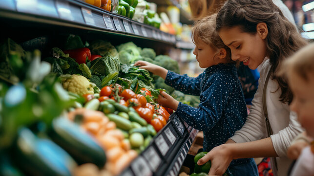 Parents and children pick out fresh ingredients for school lunches at a grocery store, mid-action capture, left third copy space. Care, Harmony, working for the benefit of society