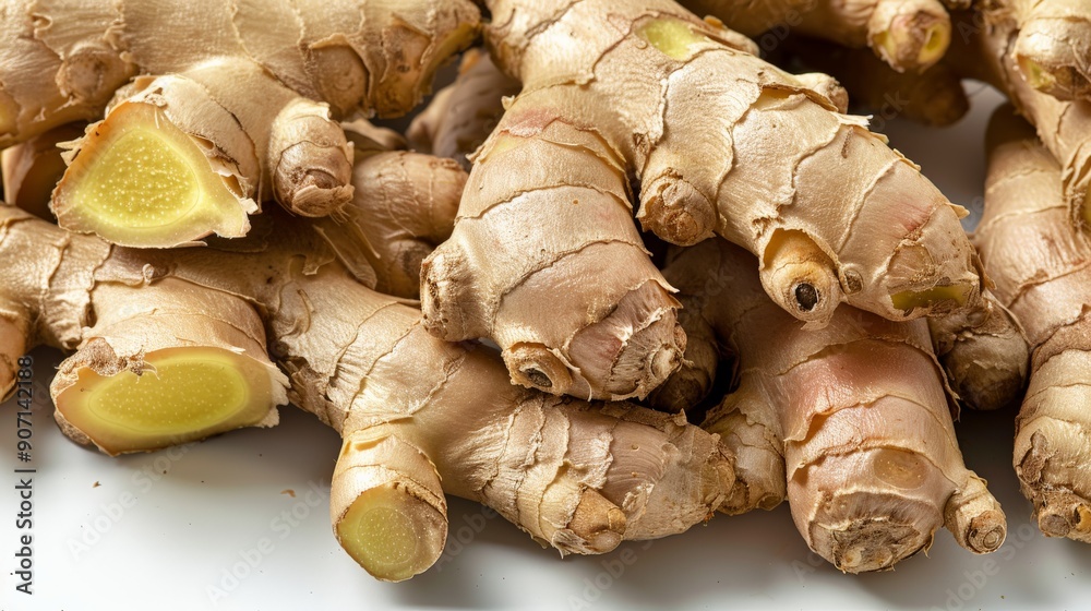 Poster a close-up photograph depicting fresh ginger roots, emphasizing their natural texture and unique kno