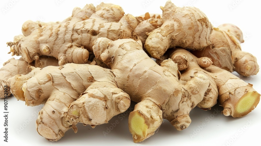 Poster A pile of ginger roots resting on a surface, highlighting their distinctive texture and fresh, knobby appearance ideal for use in cooking and natural remedies.
