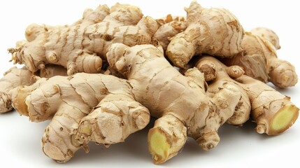 Fototapeta premium A pile of ginger roots resting on a surface, highlighting their distinctive texture and fresh, knobby appearance ideal for use in cooking and natural remedies.