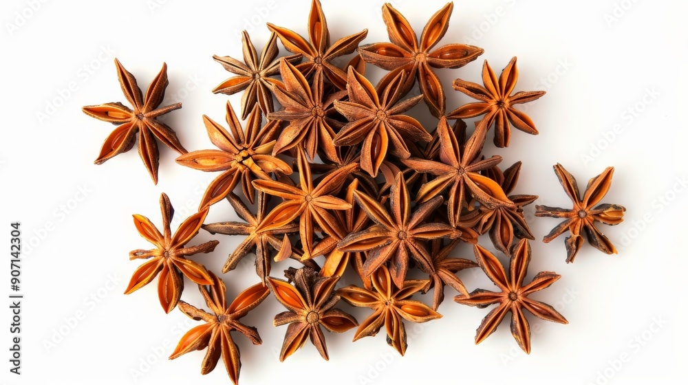 Aufkleber An abundant pile of star anise pods creates an elaborate and textured display, each pod presenting the star-shaped geometry that makes this spice visually appealing.
