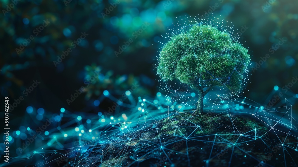 Aufkleber a vibrant tree stands on a small globe, surrounded by digital connections and glowing lights, symbol