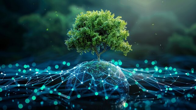 A tree stands atop a digital rock, surrounded by glowing network connections and vibrant blue lights, symbolizing the symbiosis of nature and futuristic technology.