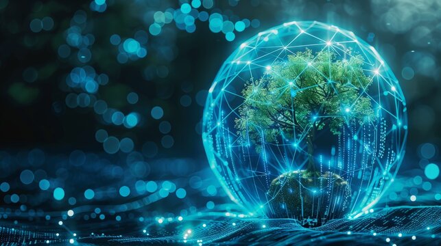 A lush tree is encased in a digital, glowing sphere, with networks of blue lights and lines surrounding it, representing the intersection of nature and digital technology.