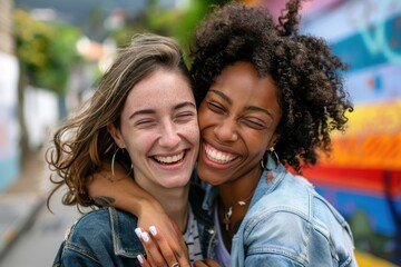 Fototapeta premium Two best friends sharing a joyful hug and laughter on a vibrant city street