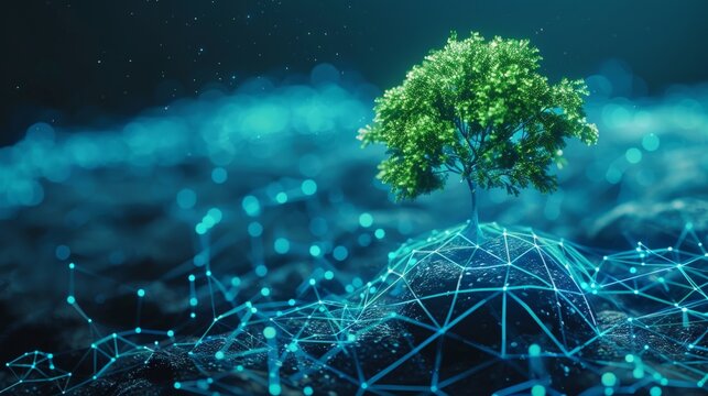 This image features a tree standing atop a digitally networked hump, illuminated with glowing lights, capturing the themes of natural beauty and technological advancement.