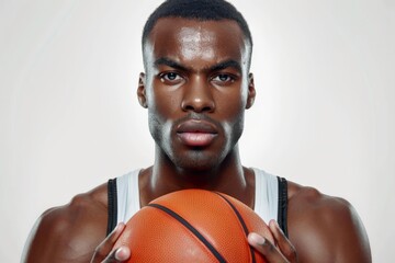 A young basketball player with short hair holds the ball with an intense and focused expression, ready to play, set against a plain white background.