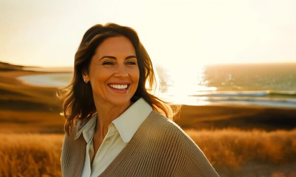 Lifestyle portrait video of a pleased woman in her 40s wearing a chic cardigan against a summer landscape or beach background
