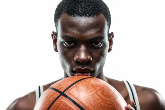 A determined basketball player in a sleeveless top holds a basketball close to his face, eyes lighting up with competitive fire, ready for the game against a white backdrop.