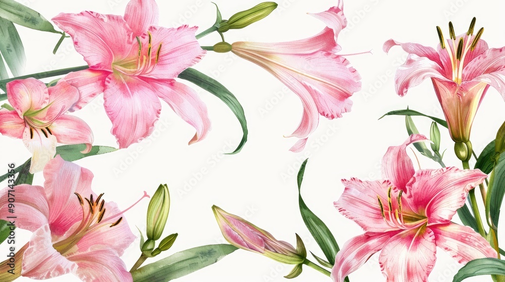 Wall mural white border featuring pink daylilies for sending congratulations