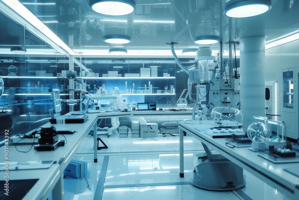 Poster a lab with a lot of equipment on the counter, futuristic laboratory conducting experiments on advanced technology