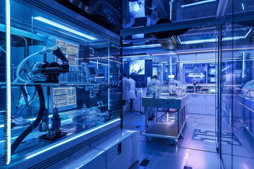 Poster a lab with a lot of equipment on the counter, futuristic laboratory conducting experiments on advanc