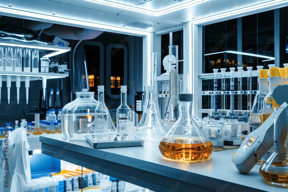 Poster a lab with a lot of equipment on the counter, futuristic laboratory conducting experiments on advanced technology