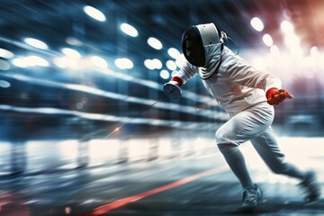 An athlete fully equipped in fencing gear, executing a powerful lunge in a sleek, modern sports arena, capturing the intensity and precision of the fencing match.