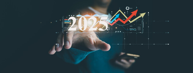 Businessman analyzes business growth plan in 2025, digital marketing strategy, revenue, profit,...