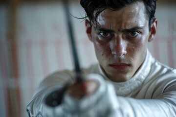 A fencer dressed in traditional white fencing gear points his foil directly at the camera, showing a fierce, concentrated expression ready for a duel, against an indoor background.