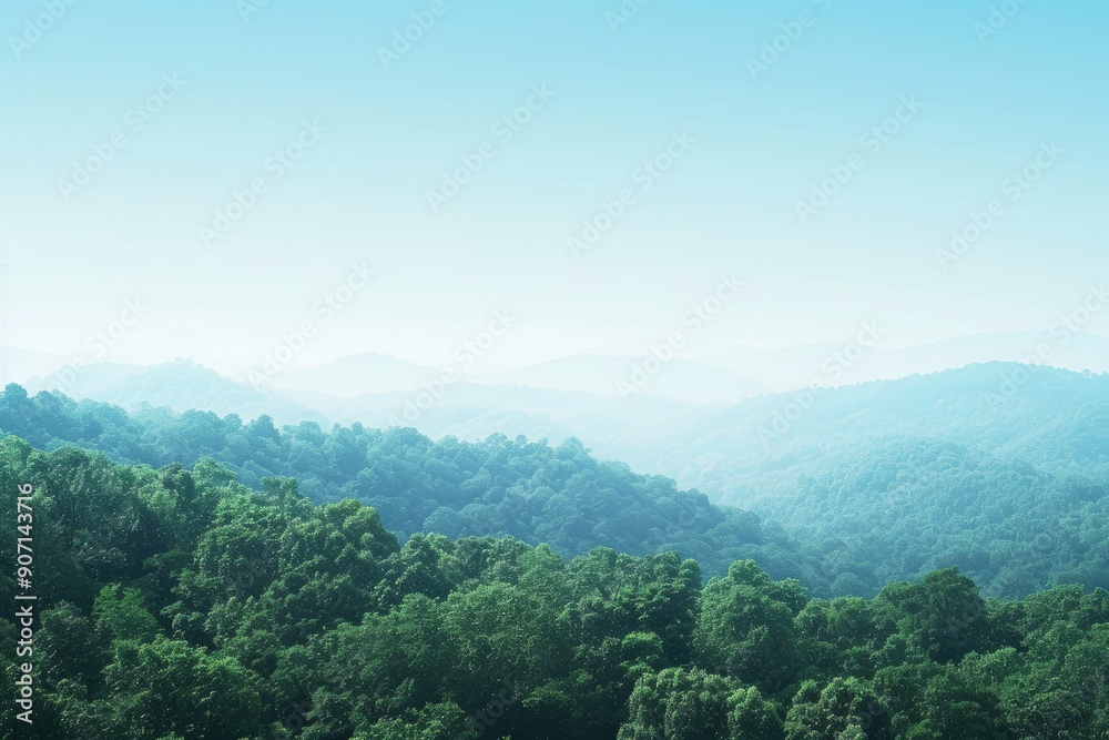 Aufkleber a view of a mountain range with trees, gradient from green to blue, evoking images of lush forests a