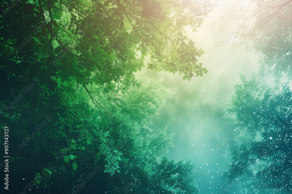 Aufkleber a view of a mountain range with trees, gradient from green to blue, evoking images of lush forests a