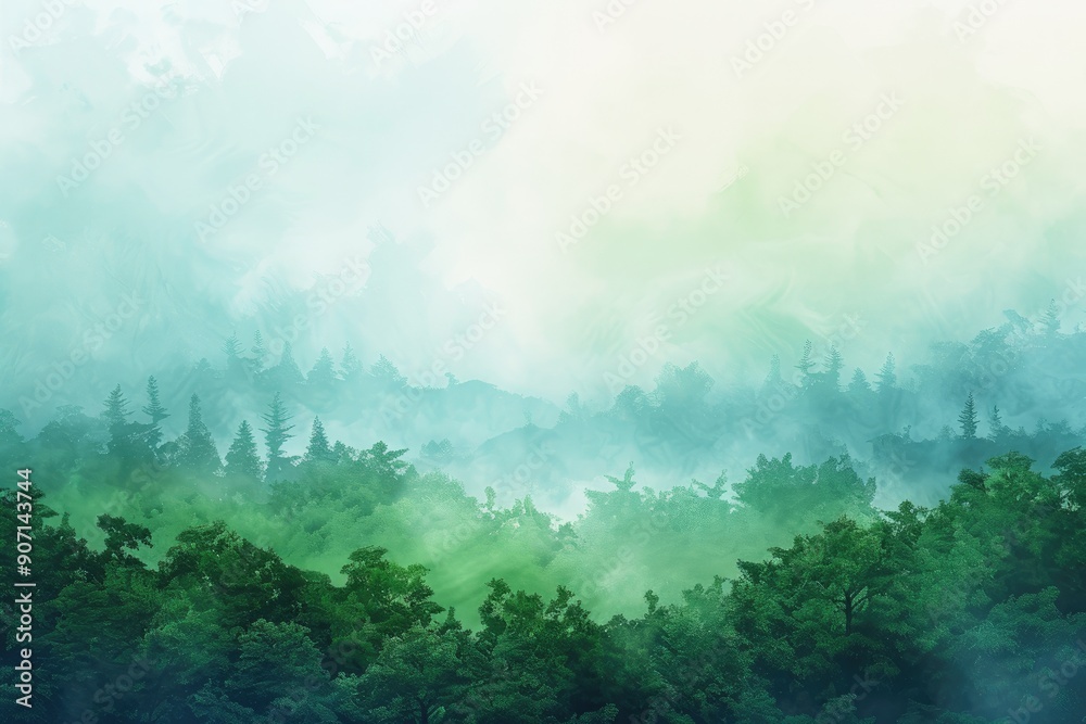 Aufkleber a view of a mountain range with trees, gradient from green to blue, evoking images of lush forests a