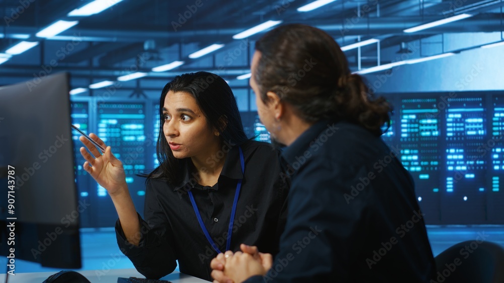 Poster programmers talking in high tech server hub, using pcs to analyze data. colleagues examining infrast