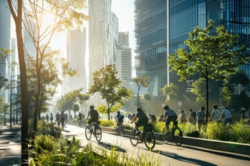 Naklejka premium Morning Commute on Urban Bike Trail with Cityscape Backdrop