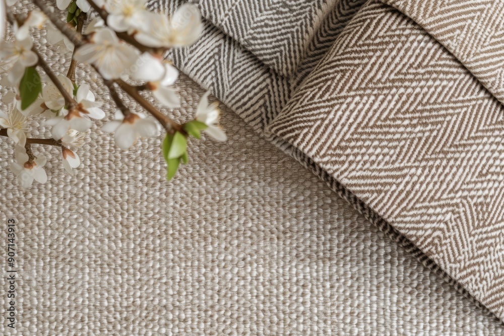 Poster a close up of a piece of cloth with flowers, Herringbone patterns in neutral tones, adding subtle texture to any surface