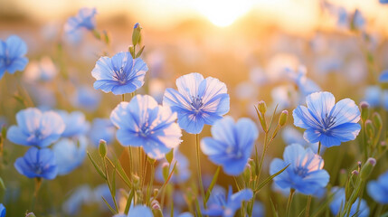 Flax field full bloom, delicate blue flowers swaying in breeze, rural landscape. Warm evening light
