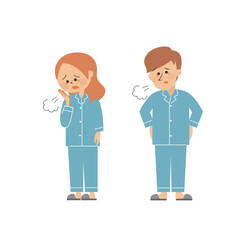 パジャマを着た男性と女性のかわいいイラスト 悩む