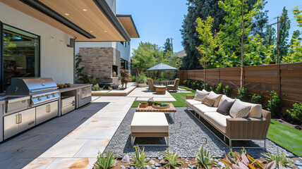 Modern back patio with seating for entertaining and cooking