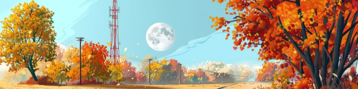 Autumn scene with tall radio station featuring phone radio repeaters and FWA mobile signal boost powered by modern technologies