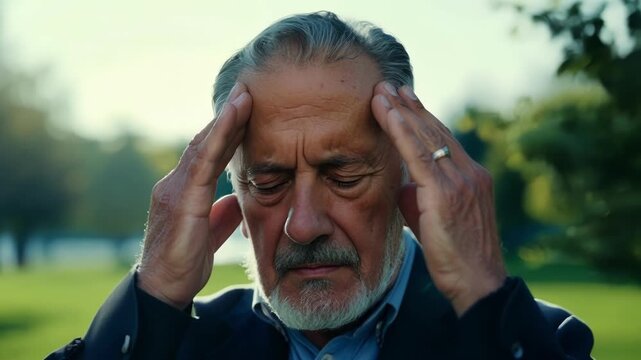 An older man roughly in his 60s with a deep crease between his eyebrows and a hand pressed to his forehead. The background is a quiet park creating a contrast between the peaceful
