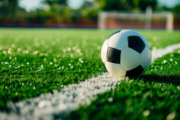 Fototapeta premium Close-up of a soccer ball on a green field.
