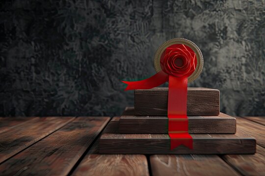 a pink ribbon on a blue pedestal, podium with a first place ribbon, representing winning and recognition