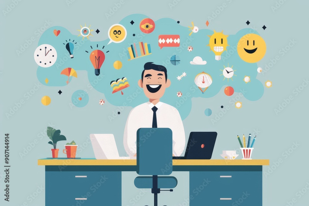 Aufkleber a man sitting at a desk with a laptop and a lot of icons above him, productivity mindset shift encou