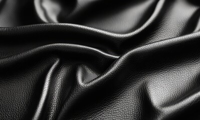 Close-up of smooth black leather with gentle waves, showcasing its rich texture and luxurious feel, ideal for backgrounds and design elements.