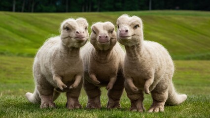 Naklejka premium Three fluffy baby dinosaurs standing in a field of grass, AI