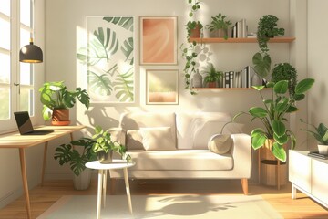 Cozy home office corner with plants and sunlight for a peaceful remote work setup