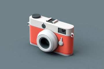 a camera with a red and white body, rotating 3D icon of a camera symbolizes photography