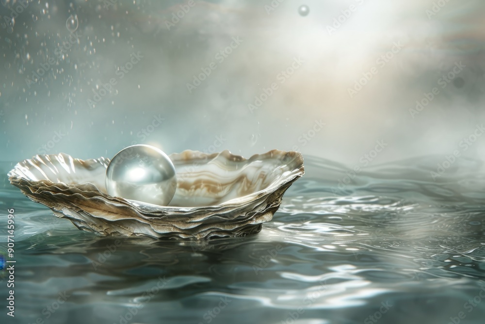 Poster a pearl in a shell on a wave, , serene, underwater visualisation of a luxurious pearl in an oyster