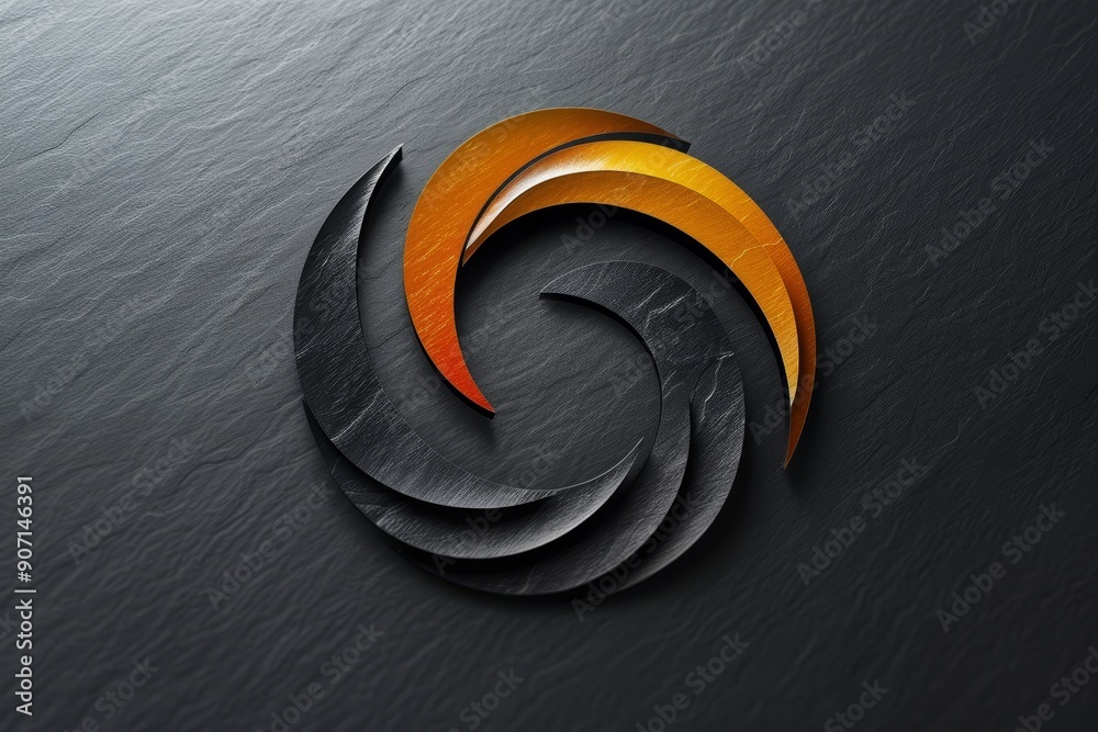Poster a gold spiral logo on a black background, a computer screen with a bunch of different items on it, s