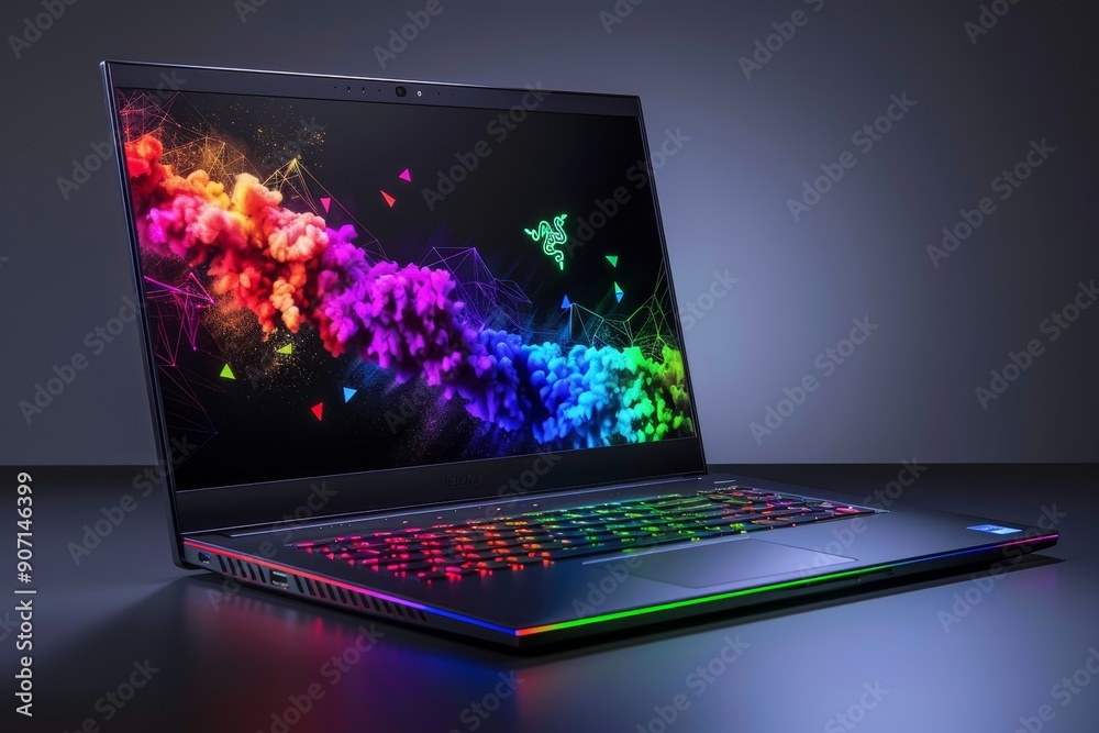 Poster a laptop with a colorful screen on it, a computer screen with a bunch of different items on it, slee