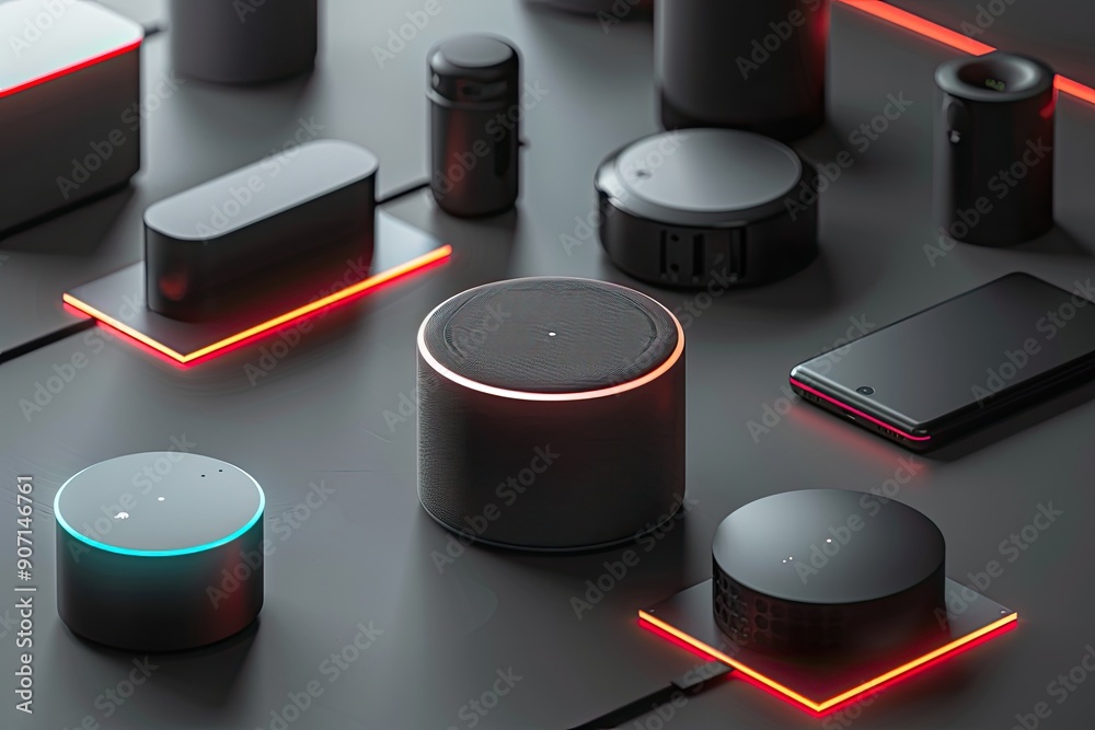 Poster a group of smart devices sitting on top of a table, smart speaker mockups demonstrating voice-contro