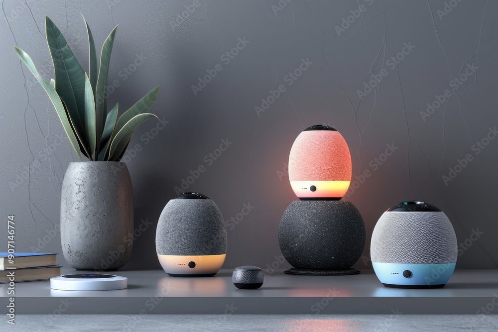 Aufkleber a group of smart devices sitting on top of a table, Smart speaker mockups demonstrating voice-controlled assistants and smart home devices