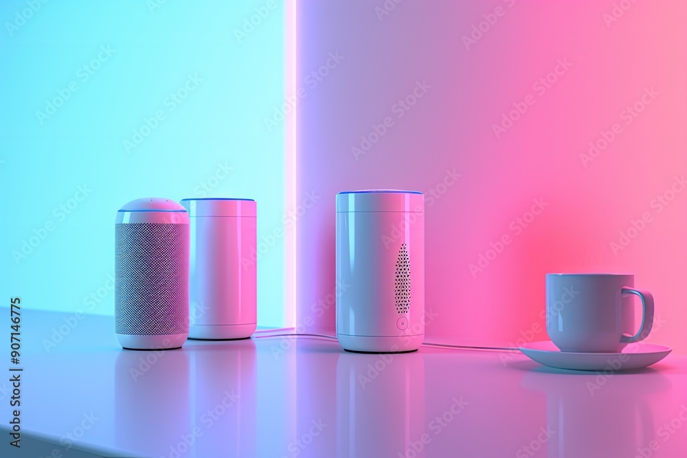 Poster a group of smart devices sitting on top of a table, smart speaker mockups demonstrating voice-contro
