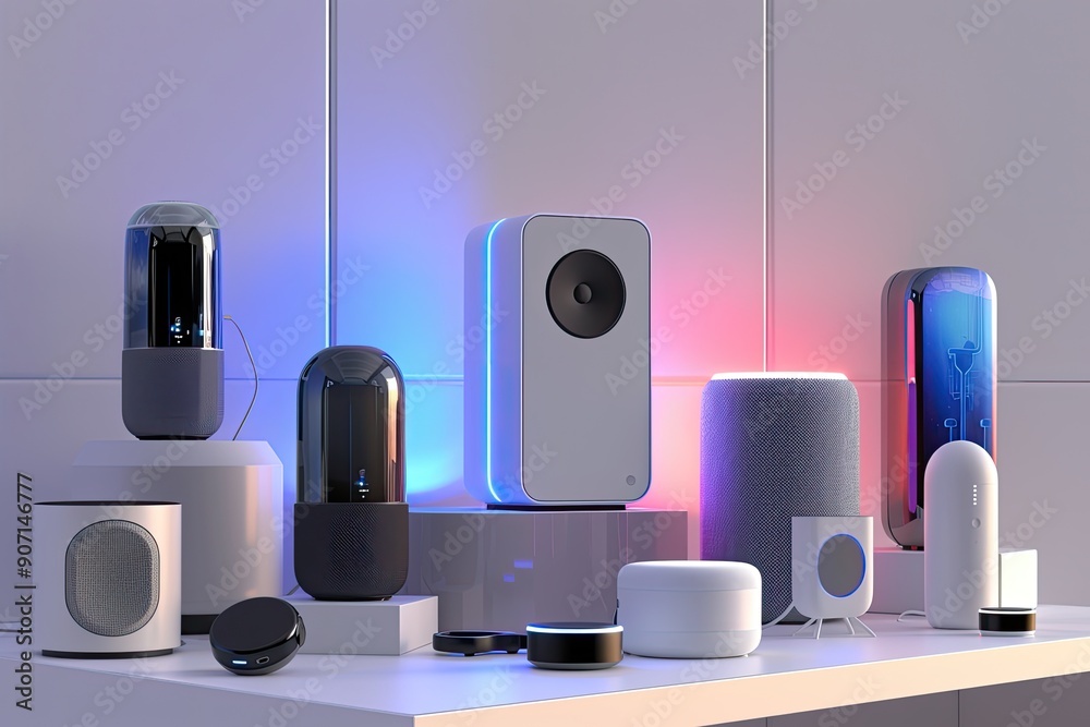 Poster a group of smart devices sitting on top of a table, smart speaker mockups demonstrating voice-contro