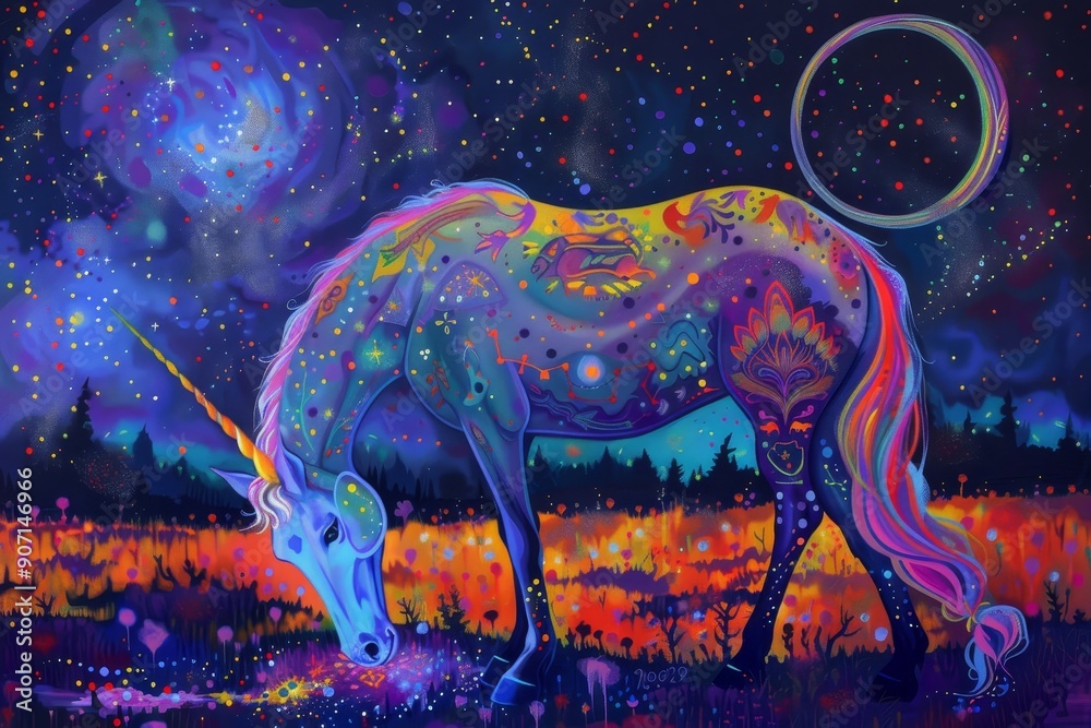 Poster a unicorn grazing in a field at sunset, sparkling, fluorescent unicorn grazing in a vibrant meadow u