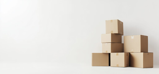 Obraz premium Stacked Cardboard Boxes Against a White Backdrop